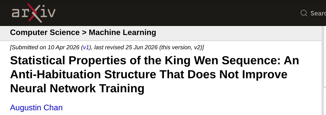 arXiv:2604.09234 — Statistical Properties of the King Wen Sequence